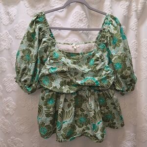 Nikasha Green Floral Cotton Puff Sleeve Blouse Square Neck Smocked Back Large
